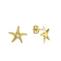 14K Yellow Gold Starfish Stud Earrings. The earrings measure approximately 1/2" in length. Yellow Gold Star-shaped Pierced Earrings, Single Star-shaped 14k Gold Earring, 14k Gold Star-shaped Single Earring, Gold Elegant Earrings With Starfish Charm, Elegant Gold Earrings With Starfish Charm, 14k Yellow Gold Starfish Jewelry, Gold Star Earrings For Formal Occasions, Yellow Gold Starfish Earrings For Gift, Yellow Gold Starfish Earrings With Starfish Charm