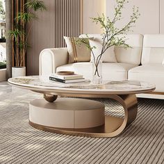 a living room filled with furniture and a white couch next to a coffee table on top of a rug