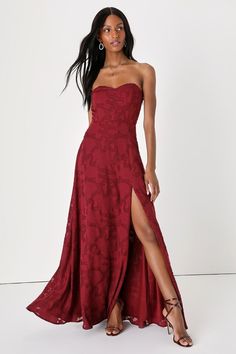 Garden of Romance Burgundy Floral Burnout Strapless Maxi Dress Mahogany Prom Dress, Prom Dresses Burgandy, Prom Dresses Unique Vintage, Red Floral Bridesmaid Dresses, Desert Wedding Guest Dress, Marron Dresses, Christmas Formal Dresses, Prom 2024 Dress, Red Prom Dress Corset