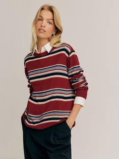 This sustainable sweater is relaxed fitting throughout and has ribbing at the cuff, neck, and hem. New Wardrobe Aesthetic, Wardrobe Aesthetic, Rich Rich, Knitwear Trends, Boyfriend Sweater, Styling Guide, Cashmere Blend Sweater, Vintage Inspired Dresses, Clothing Essentials