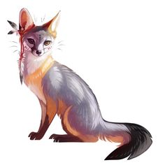 a drawing of a fox with feathers on it's head and tail sitting down