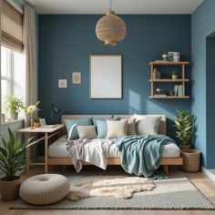 a bedroom with blue walls and white bedding in the corner, along with a rug on the floor