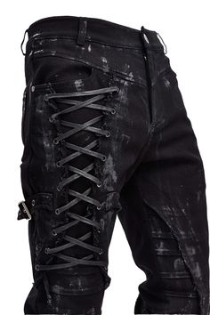 The Zombie Goth Pants Apocalyptic, distressed skinny trousers with rough criss-cross lacing, buckled straps, and painted-on streaks. These edgy and unique pants are a must-have for the goth club or gigging. Comfy, practical and stylish. Material: Cotton/Spandex. Size S M L XL 2XL 3XL 4XL Waist 84cm/33.1" 89cm/35.0" 94cm/37.0 99cm/"38.9 114cm/44.9" 114.5cm/45.1 115cm/45.3" Hips 97cm/38.2" 102cm/40.2” 107cm/42.1" 112cm/44.1" 117cm/46.1" 122cm/48.0" 127cm/50.0" Length 112cm/44.1" 112.5cm/44.3" 113c Apocalypse Pants, Punk Clothes Men, Punk Apocalypse, Evil Fashion, Zombie Goth, Edgy Pants, Gothic Fashion Men, Stile Punk Rock, Goth Pants