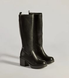 Edgy Chic Under-The-Knee Moto Platform Boots | Windsor Winter Knee-high Boots With Block Heel And Zipper, Winter Knee-high Boots With Zipper And Block Heel, Winter Platform Boots With Zipper For Wide Calf, Edgy Knee-high Heeled Boots With Chunky Platform, Edgy Knee-high Boots With Chunky Platform, Knee-high Platform Boots With Zipper For Fall, Edgy Chunky Platform Knee-high Heeled Boots, Knee-high Chunky Platform Heeled Boots For Spring, Trendy Knee-high Boots With Zipper For Fall