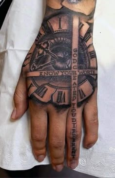 a hand with a clock on it and words written in roman numerals above the wrist