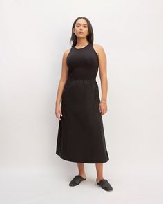 About This Style. This piece features a midi length, high crew neck, cutaway armholes, double-layer knit top, airy woven cotton straight skirt with tall side slits, in Supima® cotton. Knee-length Midi Dress With Side Slits For Daywear, Casual Stretch Midi Dress Longline, Casual Midi Dress With Relaxed Skirt, Loungewear Midi Dress With Side Slits, Casual Stretch Maxi Dress For Work, Casual Midi Dress With Side Slits For Daywear, Spring Midi Dress For Layering, Spring Layering Midi Dress, Longline Midi Dress With Side Slits For Daywear