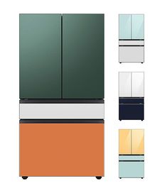 four different colored refrigerators with doors and drawers