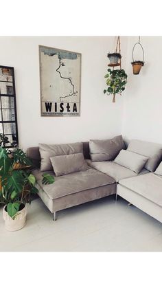 a living room with a sectional couch and potted plants