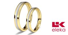 two gold wedding rings with white enamel in the middle and an eleka logo