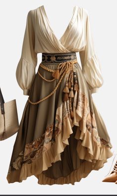 Dnd Skirt Outfit, Medieval Desert Clothing, Modern Boho Clothing Style, Renn Faire Outfit Ideas, Fantasy Desert Outfit, Herbalist Aesthetic Clothes, Ren Fair Ideas, Medevil Outfits Women, Fern Costume