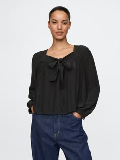 Soft rayon woven top.  Square neck with bow detail at chest.  Long sleeves.  Fit: Relaxed.  A straight & easy fit.  For a Classic fit, go down one Gap Clothing, Bow Crop Tops, Women Shirt Top, Clothing Aesthetic, Neck Bow, Woven Top, Cropped Top, Bow Detail, Square Neck