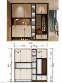 an open closet with drawers and shelves next to a drawing showing the measurements for it