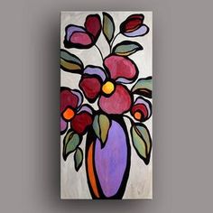 an abstract painting with flowers in a vase on a gray background, painted by person