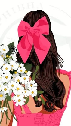 a drawing of a woman with flowers in her hand and a pink bow on her head