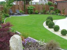 a backyard with green grass and landscaping