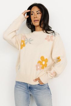 Roxy Sweater | Cream Flower Spring Beige Sweater With Floral Embroidery, Beige Floral Embroidery Sweater For Spring, Beige Long Sleeve Sweater With Floral Print, Cream Floral Embroidered Sweater For Spring, Cream Sweater With Floral Embroidery For Spring, Casual Knit Sweater With Floral Print, Feminine Stretch Sweater For Spring, Spring Cream Stretch Sweater, Beige Knit Sweater For Spring