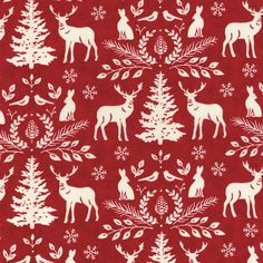 a red background with white deer and trees