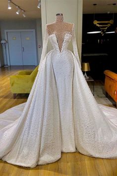 Amazing High Neck Long Sleeves Pearls Wedding Dress With Detachable Skirt High Neck Long Sleeve Wedding Dress, Pearls Wedding Dress, Wedding Dress With Detachable Skirt, Dress With Detachable Skirt, Valdrin Sahiti, Pearl Wedding Dress, Wedding Dresses Cheap, Wedding Dresses 2024, Detachable Skirt