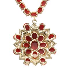 Stamped: 14K Yellow GoldTotal Necklace Weight: 56.0 GramsNecklace Length: 17 InchesNecklace Width: N/AGemstone Weight: Total Natural Coral Weight is 66.00 CaratColor: RedDiamond Weight: Total Natural Diamond Weight is 1.80 CaratColor: F-G, Clarity: VS2-SI1Face Measures: 44.30x42.71 mmSku: [702524W] Fine Jewelry Red Jewelry For Evening, Red Diamond Necklace For Evening, Red Diamond Necklaces For Evening, Red Diamond Jewelry For Evening, Yellow Gold Multi-stone Necklace For Celebration, Exquisite Multi-stone Evening Jewelry, Red Multi-stone Jewelry, Celebration Multi-stone Yellow Gold Necklace, Celebration Yellow Gold Multi-stone Necklace