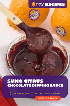 a spoon full of chocolate dipping sauce next to some oranges and an orange slice