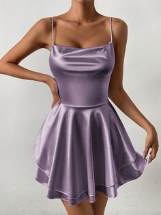 Women's Elegant Solid Color Ruffle Trim Slip Dress With Spaghetti Straps, Summer Purple Sexy  Sleeveless Knitted Fabric Plain Cami High Stretch  Women Clothing, size features are:Bust: ,Length: ,Sleeve Length: Fancy Purple Dress Short, Silk Dress Purple, Purple Short Dresses, Satin Cami Dress, Mini Homecoming Dresses, Evening Dresses Online, Red Homecoming Dresses, Dress With Ruffles, Short Homecoming Dress