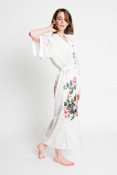 Peony & Bird Long Kimono Robe - Mid-Weight | KIM+ONO – kimandono.com Elegant Flowy Wrap Kimono, Flowy Wrap Maxi Dress With Tie Waist, Elegant Wrap Robe For Vacation, Beach Cover-up Kimono With Tie Waist, Elegant Maxi Dress With Tie Waist And Kimono Sleeves, Elegant Wrap Dress With Kimono Sleeves For Beach, Elegant Maxi Length Kimono For Daywear, Elegant Kimono Sleeve Robe For Vacation, Elegant Vacation Robe With Kimono Sleeves