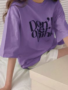 Slogan Graphic Drop Shoulder Tee Purple Casual  Half Sleeve Fabric Letter  Slight Stretch  Women Clothing, size features are:Bust: ,Length: ,Sleeve Length: Purple Letters, Embroidered Mesh Dress, Khaki Cargo Pants, Slogan Shirts, Drop Shoulder Tee, Round Neck Sweatshirts, Casual Street Style, Oversized Tee, Graphic Tees Women