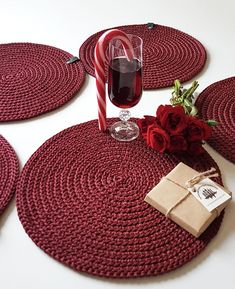 Burgundy crochet table placemats are used to decorate and protect the table from heat and scratches. Rope placemats look beautiful placed on a kitchen table, small coffee table or on an outside terrace table. Decorate your table and make your house cosy with handmade table placemats. Will look stunning as a rustic addition to your indoor or outdoor interior. Placemats set is a great housewarming gift. SIZE ⌀ diameter - 30 cm (11.8 in) ❋ Please remember that this item is made by hand, so there mi Crochet Table Mats, Placemats Crochet, Crochet Table Mat, Modern Placemats, Crochet Mat, Crochet Placemats, Kitchen Craft, Crochet Table, Placemats Patterns