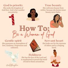 how to be a woman of god info sheet with images and text on it, including the