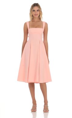 Square Neck Flare Midi Dress in Pink | LUCY IN THE SKY Baby Pink Dresses, Flare Midi Dress, Lucy In The Sky, Pink Cocktail Dress, Bodice Dress, Grad Dresses, Vacation Outfits, Midi Dresses, Simple Dresses