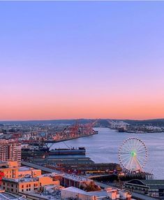 an aerial view of a city with a ferris wheel in the foreground and a large body of water behind it