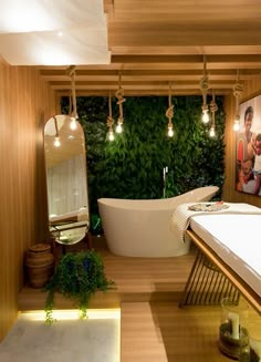 the bathroom is decorated in wood and has a white bathtub with lights on it