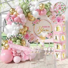 🌷 ELEGANT IT'S A GIRL BABY SHOWER DECORATIONS PACK INCLUDES ALL YOU NEED TO THROW A BEAUTIFUL BABY SHOWER; FLOWER BABY SHOWER DECORATIONS ARE IDEAL FOR FLORAL, PRINCESS, AND OTHER GIRL BABY SHOWER THEMES! 🌷 338 PIECES INCLUDING FLORAL BACKDROP, BALLOONS, CAKE AND CUPCAKE TOPPERS, 12" EACH PINK BOXES TO SPELL OUT BABY, "A-Z" GOLD LETTERS, CONFETTI, SASH, ARTIFICIAL FLOWER GARLAND, BALLOON TIE TOOL, AND ASSEMBLY KIT! LET'S EXPLORE THE ELEMENTS OF THIS SET: 🌸 LATEX BALLOONS *  130 x Latex Balloons *  Sizes: in 18', 12', 10', 5' *  Colors: Soft Pink, Earthy Sage Green, And Crisp White 🌸  OXFORD CLOTH BACKDROP *  Features the text  "BABY IN BLOOM"  *  Boasts a generous size of  173 x 46 inches (185 x 116 cm) *  Made of Premium Oxford Cloth Backdrop 🌸 PARTY BOXES *  4 x Cardstock Boxes *  E Floral Balloon Garland, Baby Shower Decorations Pink, Baby Shower Verde, Balloon Garland Backdrop, Baby Shower Decorations For Girl, Sage Green Home, Floral Baby Shower Decorations, Gold Glitter Cake Topper, Pink Baby Shower Decorations