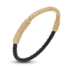 Dazzling woven black leather cord abuts striking foxtail links in this incredible men's bracelet from Marco Dal Maso. Fashioned in 18K yellow gold-plated sterling silver, the 8-inch bracelet secures in place with a rocker clasp. Brown Leather Bracelet, Jared The Galleria Of Jewelry, Black Leather Bracelet, Men's Bracelets, Mens Black Leather, Men's Bracelet, Bracelet Sterling Silver, Gold Plated Sterling Silver, Leather Cord