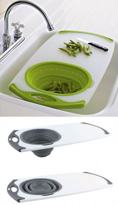 kitchen sink drainer and strainer set in white with green design on the bottom