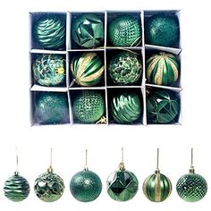 twelve green christmas ornaments in boxes on white background