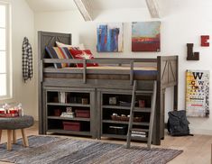 a loft bed with bookshelf underneath it in a room filled with furniture and decor