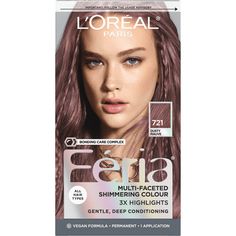 L'Oreal Paris Feria Permanent Hair Color, 721 Dusty Mauve, Inspired by fashion, Feria offers a twist on the traditional and gives edgy hair colors from bright red, platinum blonde, rose gold, and metallic brown, to blue-black hair color, these hair dye kits will transform your hair. Feria's prismatic color spectrum is custom-blended by L'Oreal Paris master colorists for bold, head-turning shades - no appointment necessary. Packaging may vary, what you receive may not be what is reflected on site. Size: 2.75" x 3.50" x 6.50".  Color: Multicolor. Loreal Intense Deep Violet Hair Color, Loreal Hair Dye For Dark Hair, Gray Purple Hair Dye, Temporary Hair Dye For Brown Hair, Loreal Divine Wine, Best Rose Gold Hair Dye, Loreal Feria R48, Best Hair Dye For Thinning Hair, Loreal Magenta