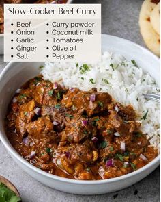 a bowl filled with rice and meat curry