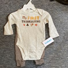 Nwt. Carters Thanksgiving 2pc Set My First Thanksgiving Gray Onsie And Striped Pants Size 3m Cotton Sets For Playtime In Fall, Bear Hoodie, First Thanksgiving, Sweatsuit Set, Carters Baby Boys, Hoodie Set, Carters Baby, Sherpa Jacket, Hoodie Outfit