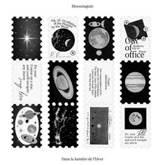 stamps with different pictures on them and the words out of office written in black ink