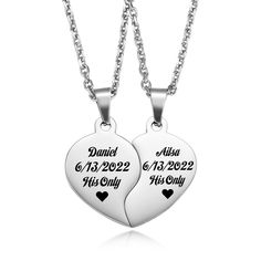 PRICES MAY VARY. 💕 2pcs Matching Heart Necklace - Express your deep care for him/her by engraving his/her name, initials, date, phrase, Roman numerals or coordinates. 💕 Special Design - The necklace consists of two separate halves of the heart, which together form a complete heart that can be worn by two people. 💕 Material and Size - Made of high-quality 316 stainless steel, which is not easy to fade or oxidize, and is durable. Chain length: The chain for style A and style B is 20'' and 24'', Necklaces For Couples, Relationship Necklaces, Matching Necklaces For Couples, Heart Puzzle, Friendship Necklace, Shape Puzzles, Friendship Necklaces, Name Initials, Matching Necklaces