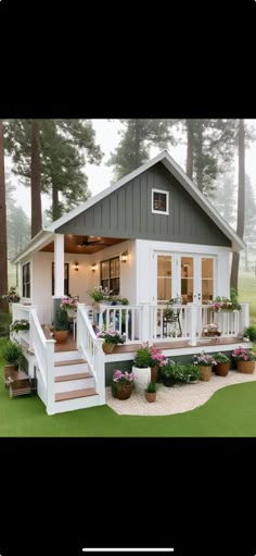 a small house with stairs leading up to the front porch and covered in potted plants