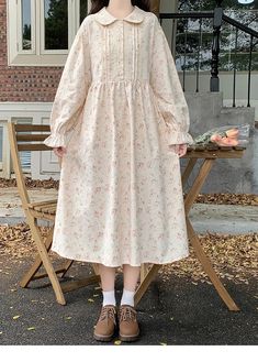 Nectarine Cotton Cottagecore Floral Dress Vintage Cottagecore Dress Casual, Cotton Long Dress Designs, Japanese Cottagecore Fashion, Modest Clothes For Women, Dress Patterns Cotton, Cotton Dress Designs Patterns, Cute Long Skirt Outfits, Korean Cute Dress, Winter Dress Pattern