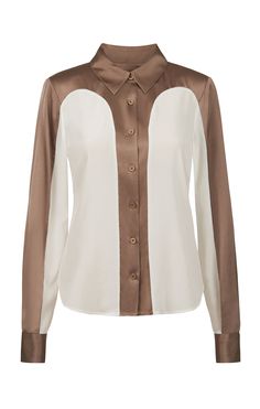 Hutton - Stretch Silk Crêpe De Chine Blouse - Product Image Classic Brown Blouse For Work, Classic Brown Office Blouse, Classic Brown Blouse For Office, Designer Collared Brown Top, Designer Brown Collared Top, Luxury Beige Long Sleeve Tops, Designer Brown Long Sleeve Tops, Luxury Cream Top For Workwear, Luxury Cream Top For Work