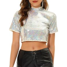 This cropped top features beautiful shining sequins that will shine when you are at the party and they can create a beautiful sparkle in the stage lights of dance and chorus performances. Occasion: Perfect for Party/Dating/Dancing/Clubwear/Evening party/Club/Attend/Cockta. This style of shirt is very dazzling, whether it is walking in the street under the sun, or sitting under the neon lights can reflect a different charm. Sequin Short Sleeve Party T-shirt, Fitted Contrast Sequin Crop Top For Spring, Trendy Shiny Summer Tops, Trendy Shimmer Summer Tops, Trendy Shimmer Tops For Summer, Glamorous Sequin Tops For Night Out, Shiny Disco Tops For Summer, Summer Night Out Shimmer Tops, Summer Shimmer Top For Night Out