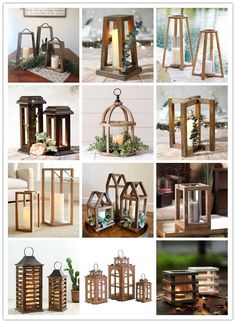 many different types of wooden lanterns with candles inside and outside, including one in the center