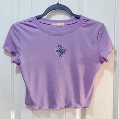 Nwt Romwe Lavender Lilac Purple Short Sleeve Crop Top With Embroidered Flower Size Small Purple Floral Embroidery Top For Spring, Summer Purple Tops With Floral Embroidery, Purple Embroidered Short Sleeve Top, Embroidered Lavender Cotton Top, Embroidered Cotton Lavender Top, Purple Crew Neck Top With Floral Embroidery, Purple Floral Embroidered Crew Neck Top, Fitted Purple Embroidered Tops, Fitted Embroidered Purple Tops