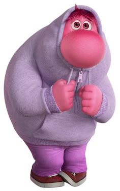 the pink gorilla is wearing purple pants and a hoodie