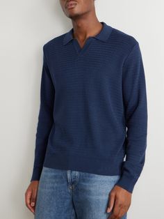 DESIGNED BY MR PORTER. Mr P.'s cotton polo shirt has been made in Italy and blended with touches of silk for softness. In a neutral navy shade, it's knitted in a wavy texture and has a relaxed open collar. Wear it with your go-to denim and sneakers. Blue Cotton Polo Sweater For Work, Blue Cotton Polo Sweater For Workwear, Fall Blue Cotton Polo Shirt, Navy Polo Collar Top For Fall, Navy Ribbed Collar Top For Work, Navy Tops With Ribbed Collar For Work, Blue Johnny Collar Top For Work, Blue Johnny Collar Top For Workwear, Blue Johnny Collar Tops For Work